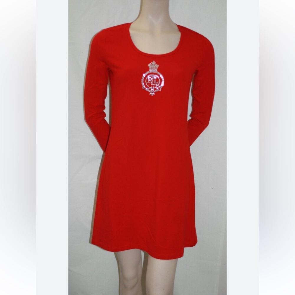 Ralph Lauren Red Long Sleeve Nightgown with Embroidered Crest